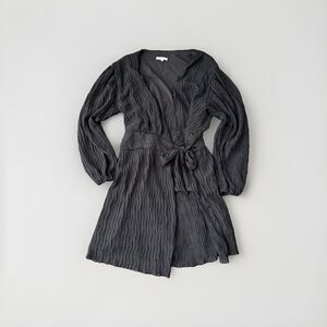 Crescent Black Wrap Mini Dress Size XS Long Sleeve Lined Crinkle